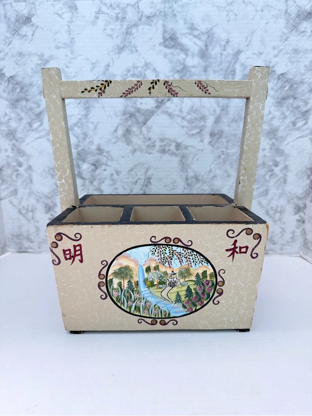 Kathy Hatch Hand-Painted Decorative Wooden Caddy with Scenic Motif